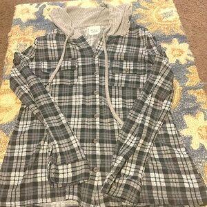 Buckles ‘Modish Rebel’ hooded plaid button up, new